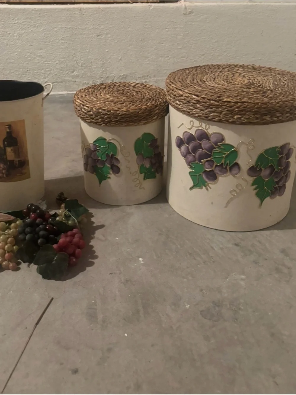 Pier 1  Cream and Green Grape Themed Canister Set with Decorative Fruit
